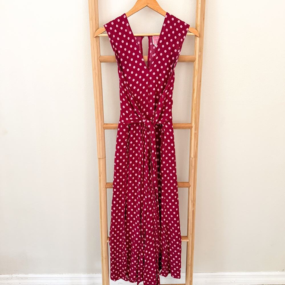 Kate Spade Jumpsuit Size 6 Burgundy Pink Polka Dot Tie Waist Wide Leg Viscose